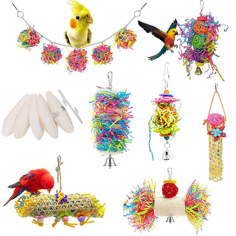 BIPY 12PCS Bird Chewing Toys Natural Cuttlefish Bone for Parrot Shredding Loofah Foraging Cage Toy with Rattan Ball Pet Birds Stand Toys for Parrots Parakeets Budgie Cockatiels Macaws - PawsPlanet Australia