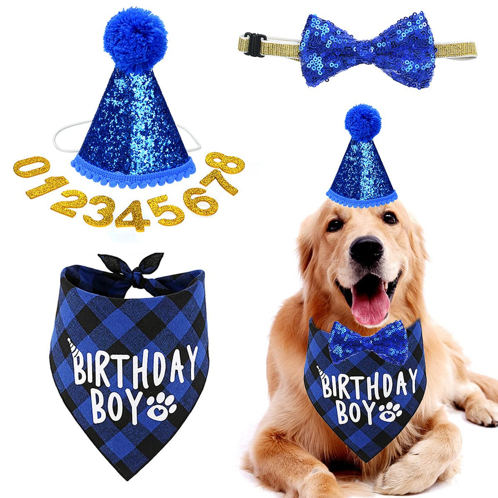 YiThao Dog Birthday Hat, Dog Party Hat with Bow Tie Collar and Gold Number, Dog Birthday Bandana Hat Bow Tie Set, Reusable Dog Cats Birthday Cap for Pet Puppy Cat Birthday Party Decorations (Blue) - PawsPlanet Australia