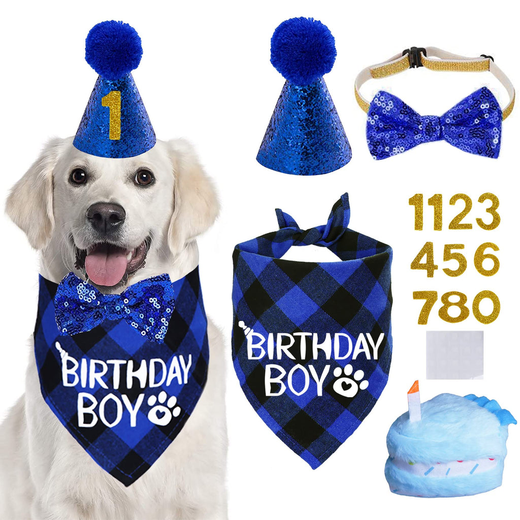 STMK Dog Birthday Party Supplies, Dog Birthday Bandana Boy with Dog Birthday Party Number Hat Bowtie Cake Squeaky Toy for Large Medium Dogs (Blue, Plaid) Blue - PawsPlanet Australia