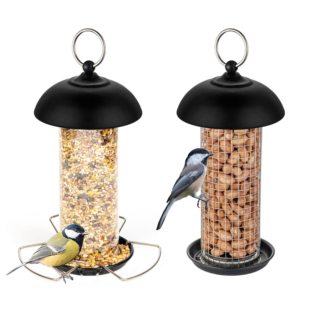 iBorn Metal Bird Feeders Hanging For Small Birds, Wild Birds Seed Feeder, Peanut bird Feeder, Hanging Bird Feeder for Mix Seeds, Mini Seed Feed X1 & Nut Feeders X1, Black Set of 2 - PawsPlanet Australia