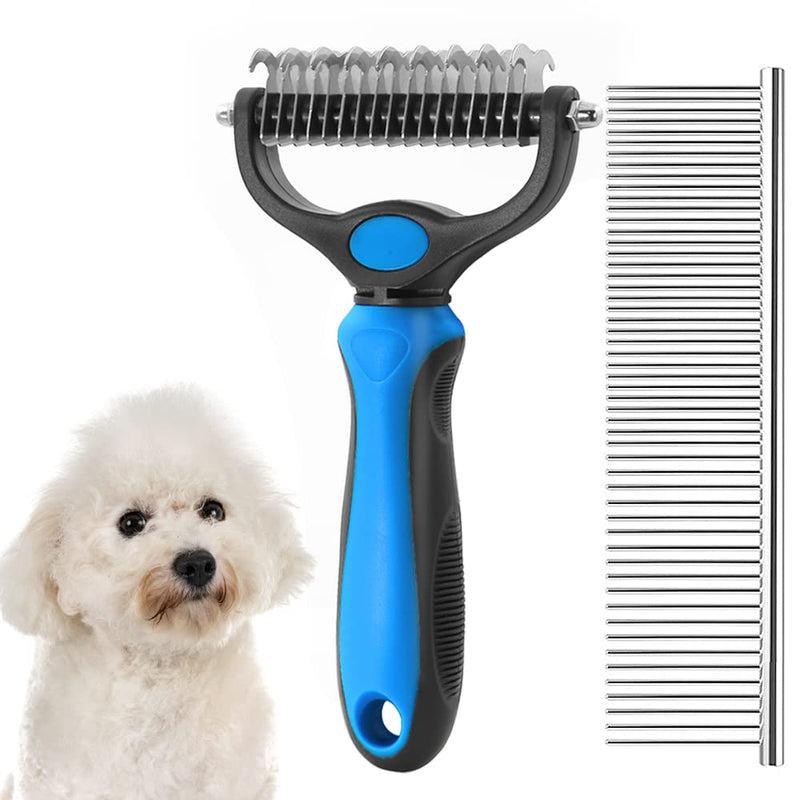 Dog Grooming Kit,2 PCS Dog Brushes For Shedding,Pet Pro Undercoat Rake Grooming Dematting Tool Deshedding Comb For Removes Dogs Puppy Cat Rabbit Knots and Tangled Long Haired (Blue) Blue - PawsPlanet Australia