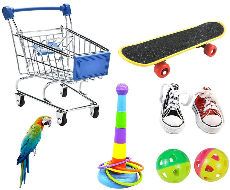 Parrot Toys 7PCS, Bird Toy Mini Shopping Cart - Training Rings - Skateboard, Shoes and Ball - Parrot Playing Chewing Standing Training Toys for Budgie Parakeet Cockatiel Bird Toy Part (Color random) - PawsPlanet Australia