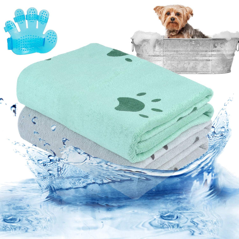 2PCS Dog Towel, Microfiber Quick Drying Dog Bath Towel, Pet Bath Towel Puppy Towel, Dog Beach Towel Dog Absorbent Towel, Cat Towel with Pet Bath Brush - PawsPlanet Australia