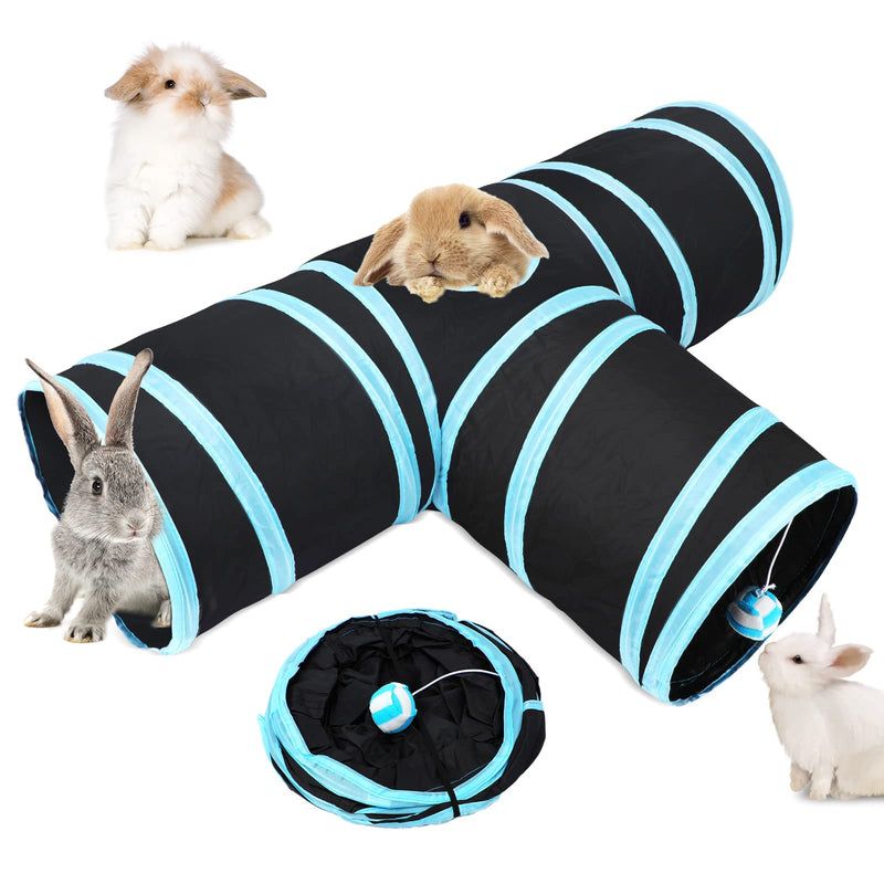 HYLYUN Rabbit Cat Tunnels & Tubes Collapsible, 3 Way Rabbit Tunnels and Hides Toys, Portable Bunny Hideout Small Animal Activity Pet Toys Tunnel for Cat Bunny Guinea Pigs Kitten + Toy Ball Blue black - PawsPlanet Australia