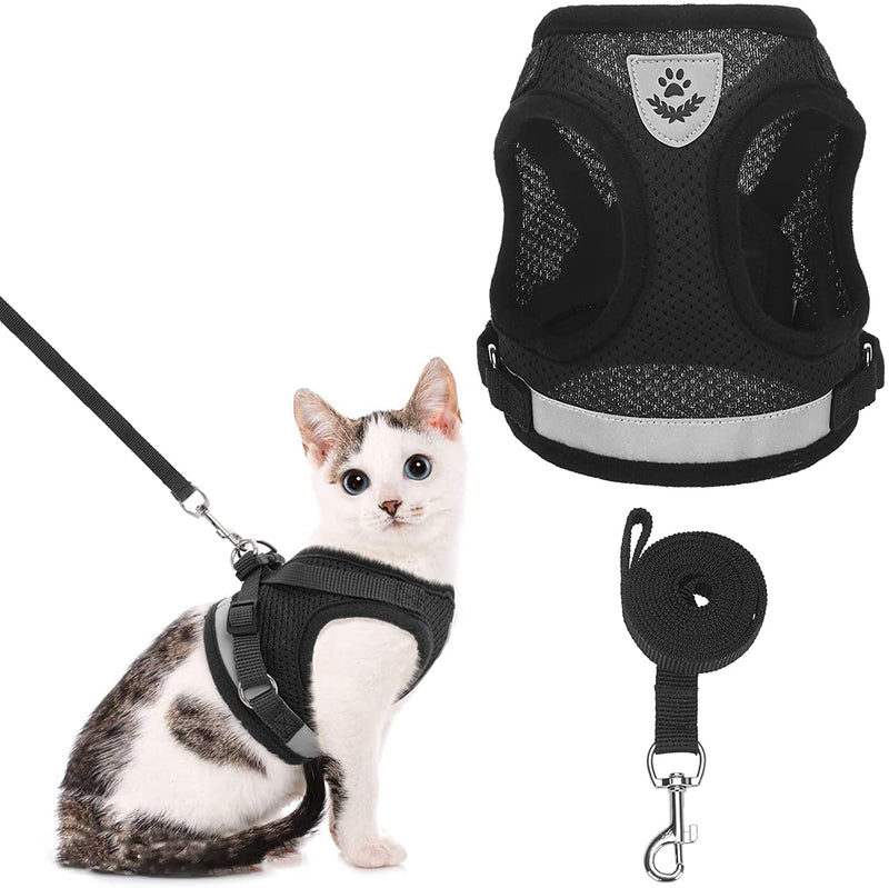 BINGPET Escape Proof Cat Harness and Leash Set - Adjustable Vest Harnesses for Small Medium Cats , Soft Reflective Mesh Vest Harness and Lead Set - Best for Kitten Walking Black - PawsPlanet Australia