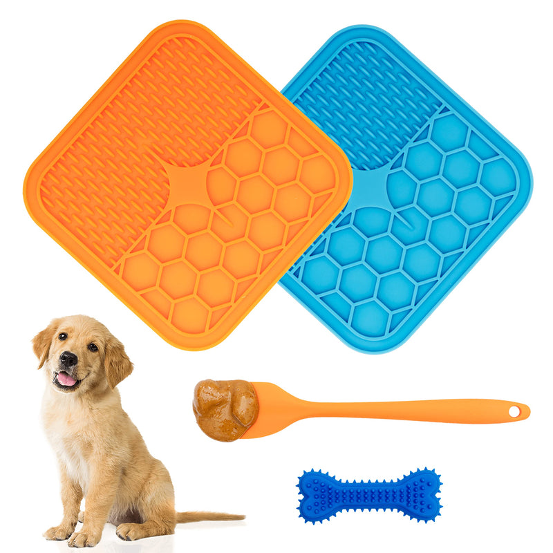 Lick Mats for Dogs & Cats (Easy Clean) - 2 Lick Mats, 1 Spatula, 1 Chew Toy. Slow Feed Mat for Pets, Orange, Blue - PawsPlanet Australia