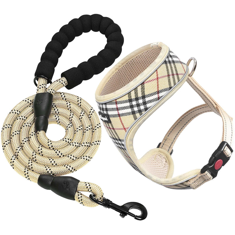 haapaw Reflective Dog Harness Soft Thickened Mesh Breathable Adjustable Puppy Dog Harnesses for Small Medium Dogs with Dog Lead XXS, for small breed dog Beige Plaid - PawsPlanet Australia
