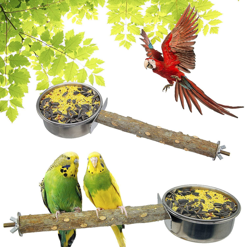 2 Pack Stainless Steel Bird Food Bowl with Natural Wood Perches Stand, Parrot Feeding Dish Cups, Bird Food Water Bowl for Parakeet Cockatiels Macaws Budgies Lovebirds, Large Size - PawsPlanet Australia