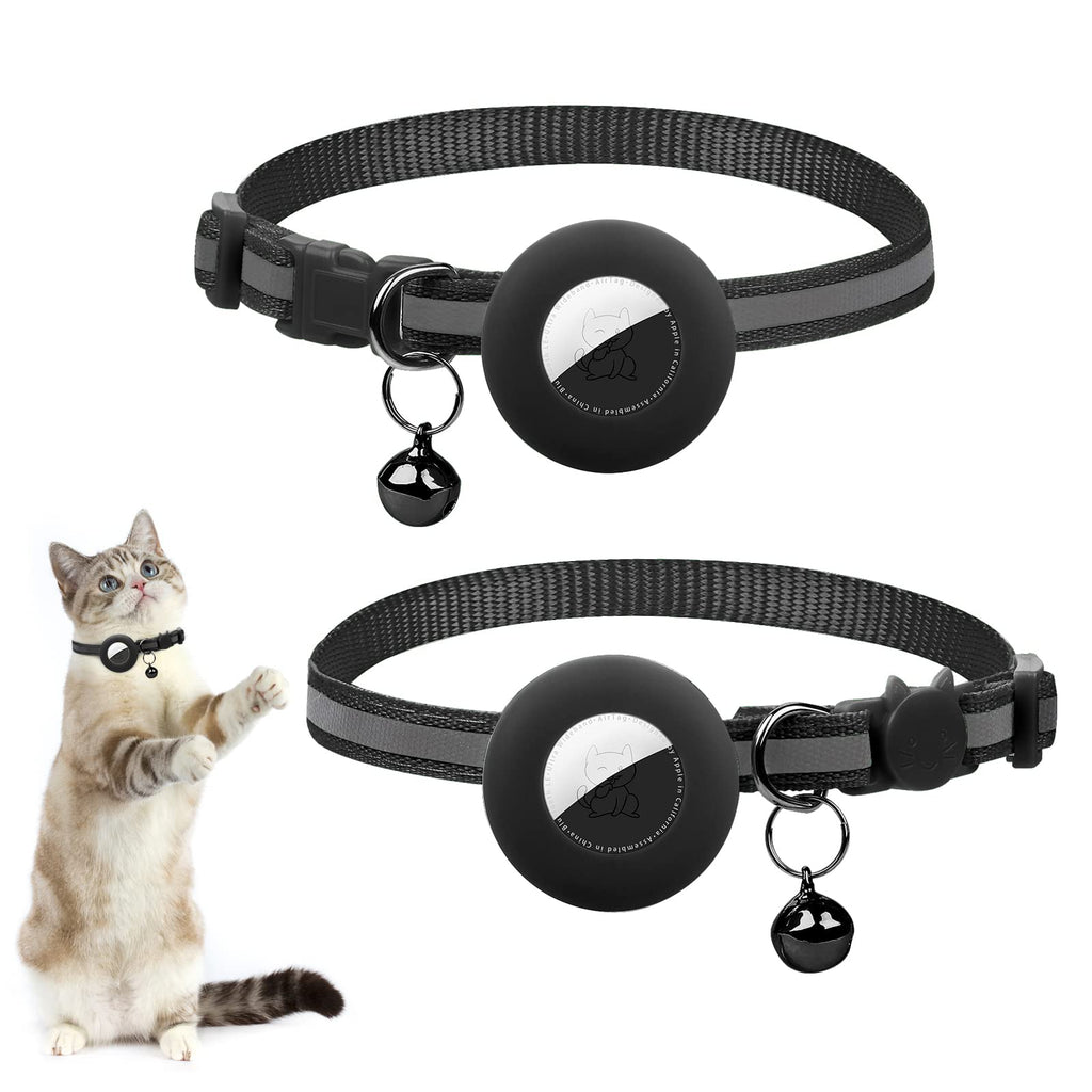 Airtag Cat Collar set,with Bell and Safety Buckle in 3/8" Width Reflective Collar,with Silicone Case for GPS Tracking Finder,Compatible with Apple Airtag (Midnight Black Set) Midnight Black Set - PawsPlanet Australia