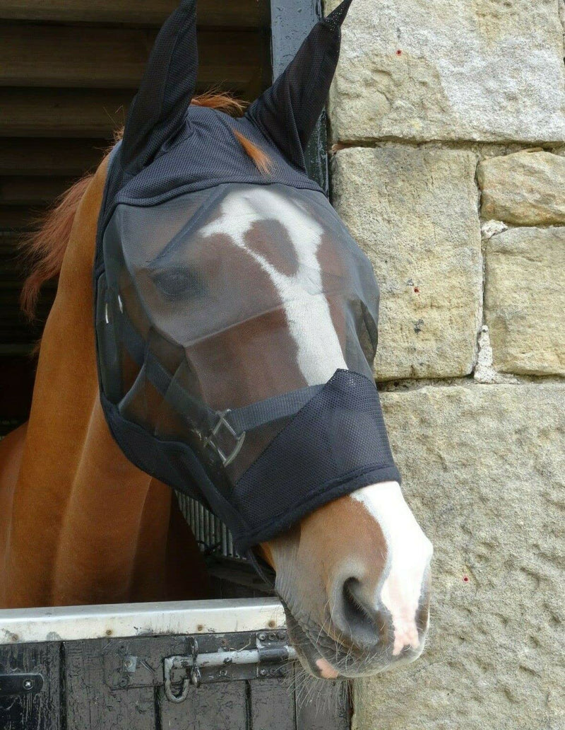 Black or White Padded Mesh Fly Mask Hood with Ears Horse and Pony Size (Cob, Black) Cob - PawsPlanet Australia