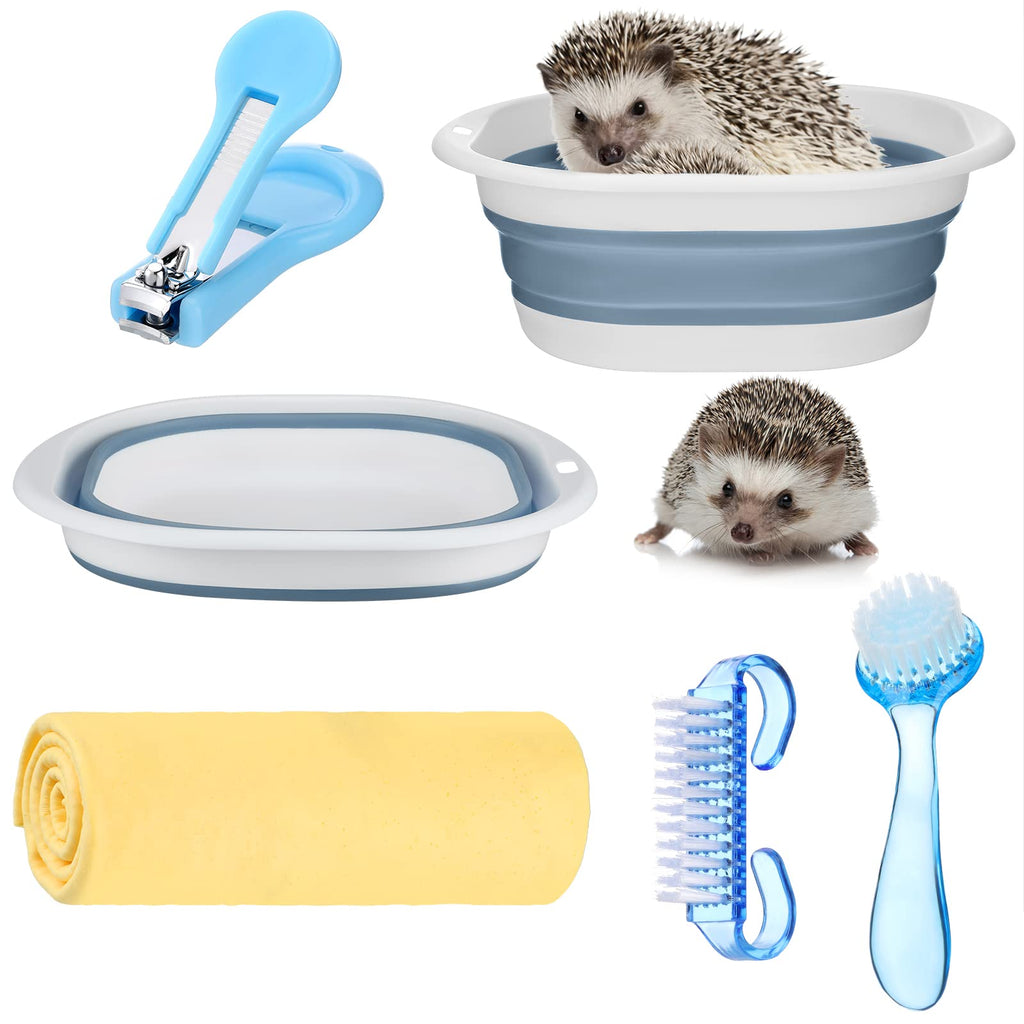 5 Pcs Hedgehog Bath Supplies Hamster Sand Bath Small Animal Pet Bathroom Include Foldable Bathtub, 2 Pcs Cleaning Brush Tool, Bath Towel, Clippers Claw Trimmer for Hamster Gerbil Squirrel(Blue-White) Blue-White - PawsPlanet Australia