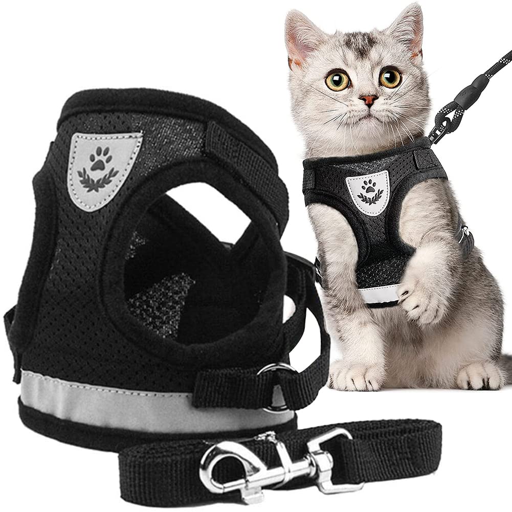 Cat Harness,Kitten Harness with Cat Lead,Escape Proof Cat Harness and Lead Set,Vest with Reflective Strip,Soft & Adjustable Comfort,Step-in Comfortable Outdoor Vest Harness Black - PawsPlanet Australia