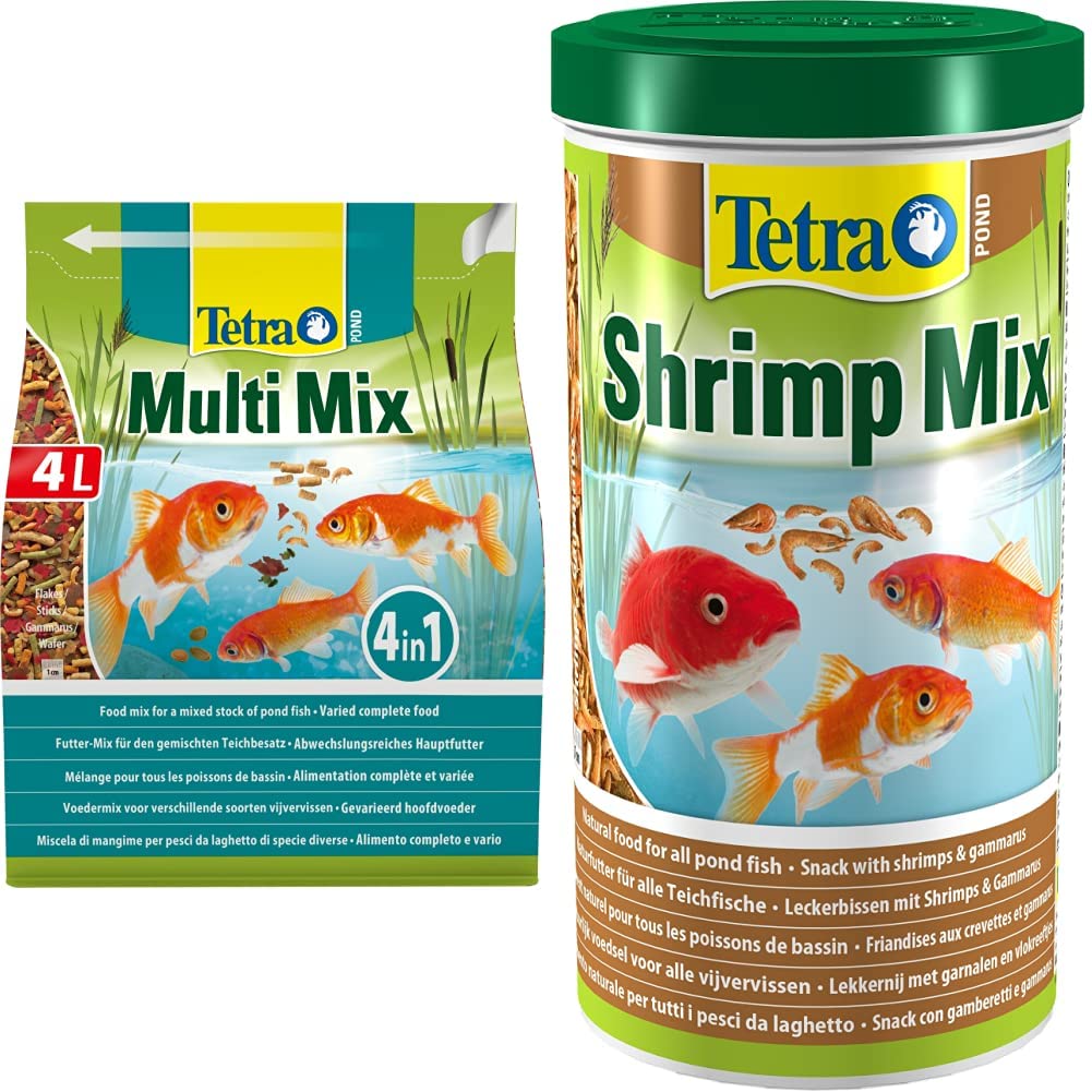 Tetra Pond Multi Mix, Complete Varied Fish Food for A Mixed Stock of Pond Fish, 4 Litre & Pond Shrimp Mix, Natural Food Snack with Shrimps and Gammarus for All Pond Fish, 1 Litre - PawsPlanet Australia