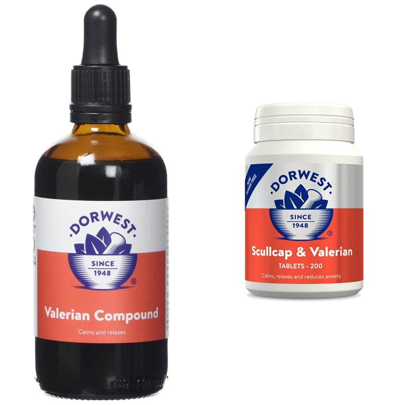Dorwest Valerian Compound for Dogs and Cats, 100ml & Scullcap & Valerian Calming Tablets for Dogs and Cats, 200 Tablets, Non-Drowsy, Light Yellow Tablet, 14DOR017 + Scullcap & Valerian - PawsPlanet Australia