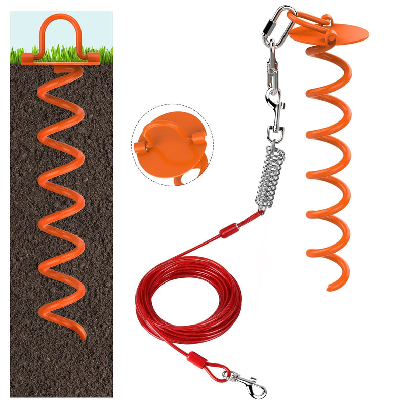 VavoPaw Dog Tie Out Cable and Stake, 360° Swivel Dog Tie Out Stake Spiral Ground Anchor, 33FT Dog Chains Stake for Dogs Outside, Outdoor, Camping, Park, Yard Garden, Red+Orange - PawsPlanet Australia